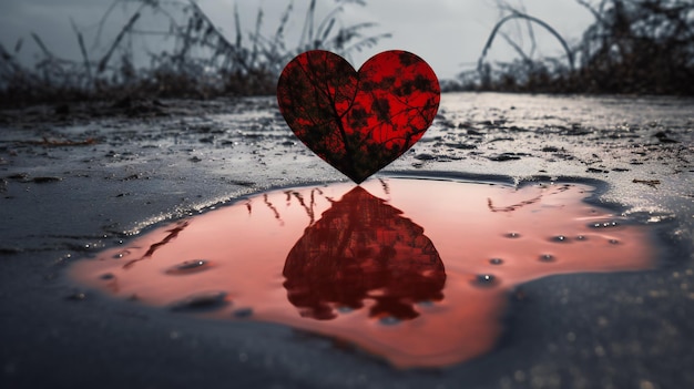 Photo reflets d'amour découvrez la magie d'une flaque en forme de cœur rouge