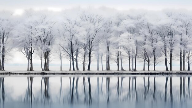 Les reflets des arbres d'hiver dans un lac calme