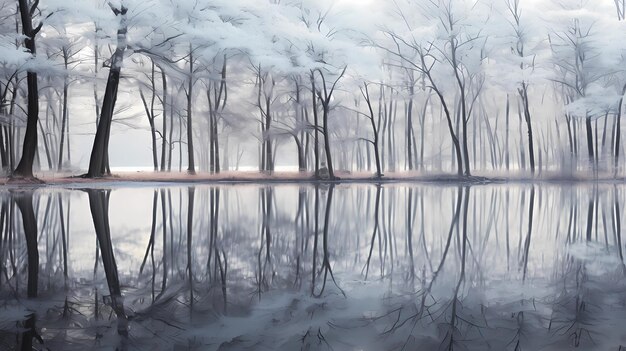 Les reflets des arbres d'hiver dans un lac calme