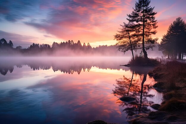 Photo les reflets de l'aube brumeuse