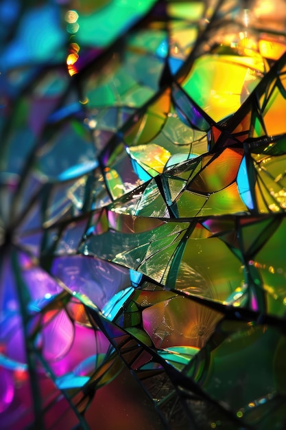 Des reflets colorés d'arc-en-ciel de verre brisé en gros plan