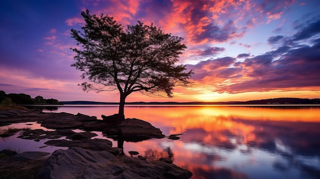 Les reflets du coucher de soleil calme capturent la sérénité sur les eaux calmes