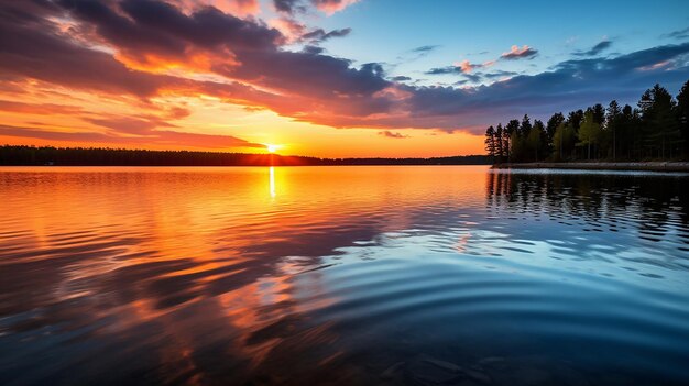 Les reflets du coucher de soleil calme capturent la sérénité sur les eaux calmes