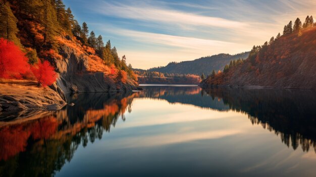Des reflets du coucher de soleil sur un lac au milieu de montagnes colorées