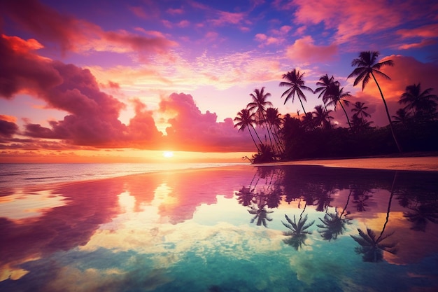 Les reflets du coucher de soleil sur les plages tropicales