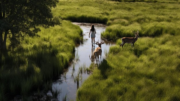 Des reflets d'eau gazeuse Une femme et deux cerfs dans une vallée sereine