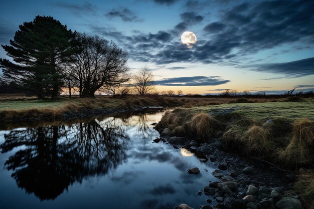 Photo les reflets de la lune sur un champ de montagnes couvertes de neige