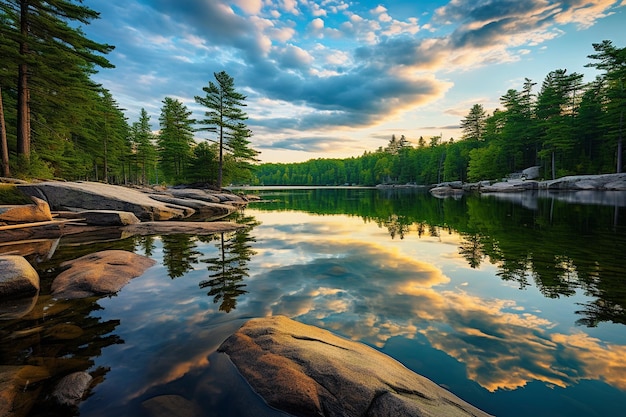 Des reflets serrés et nuageux du lac