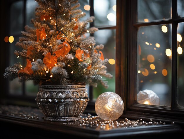 Photo réflexion de l'arbre de noël étincelant