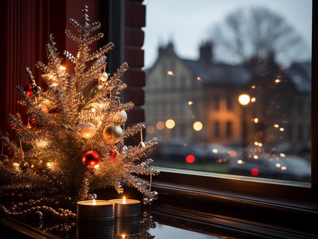 Photo réflexion de l'arbre de noël étincelant