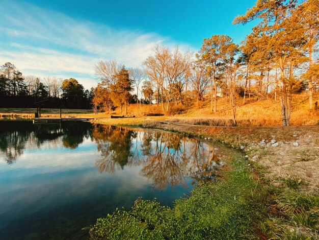 Photo réflexion des arbres dans le lac contre le ciel en automne