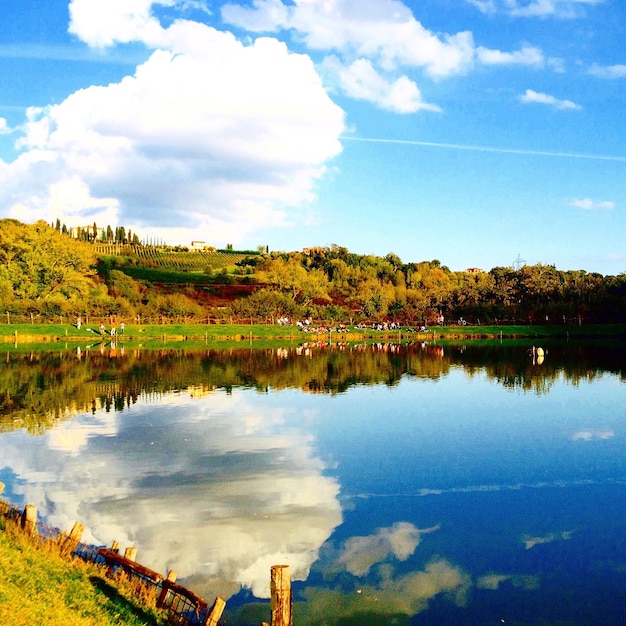 Réflexion des arbres et des nuages dans le lac