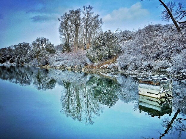 Photo réflexion d'arbres nus sur un lac calme contre le ciel en hiver