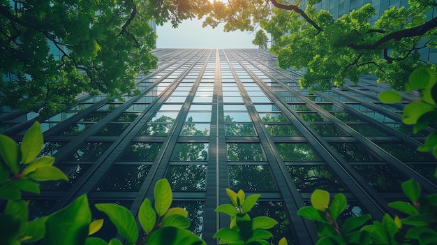 Réflexion d'arbres verts dans les fenêtres d'un immeuble de bureaux moderne Concept écologique