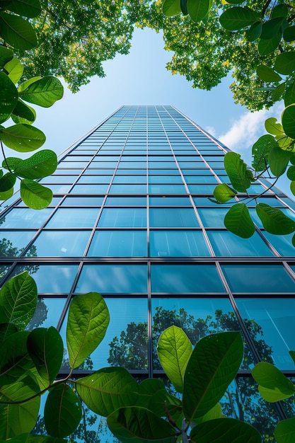 Réflexion d'arbres verts dans les fenêtres d'un immeuble de bureaux moderne Concept écologique