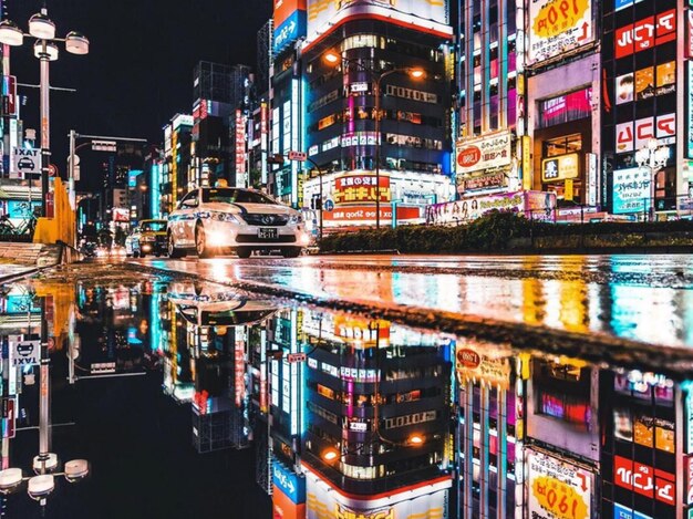 Photo réflexion des bâtiments éclairés dans la ville la nuit