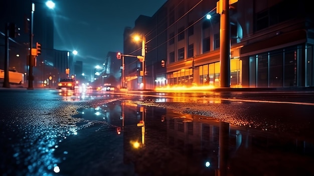 La réflexion de blacktop moite de néons allume une fumée de projecteur Lumière théorique dans une rue sombre et propre avec de la fumée affaiblit le nuage généré par l'IA