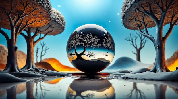 La réflexion d'une boule de cristal dans un paysage surréaliste
