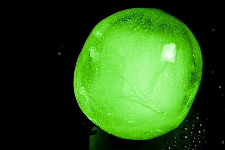 Photo réflexion de boule de glace verte sur fond noir.