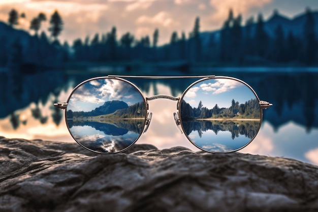 La réflexion dans les lunettes de soleil montre le lac et la forêt Generative AI