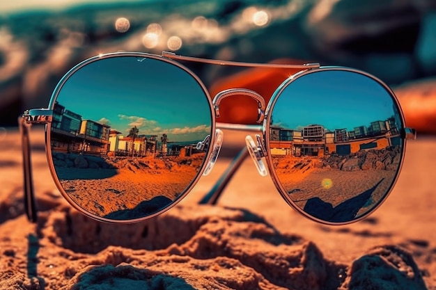 La réflexion dans les lunettes de soleil montre la plage de la mer Concept d'été Illustration de l'IA générative