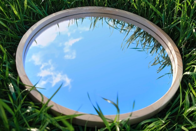 Réflexion du ciel bleu nuageux dans un miroir en bois rond sur le terrain d'été avec de l'herbe verte. Notion de nature. Ea