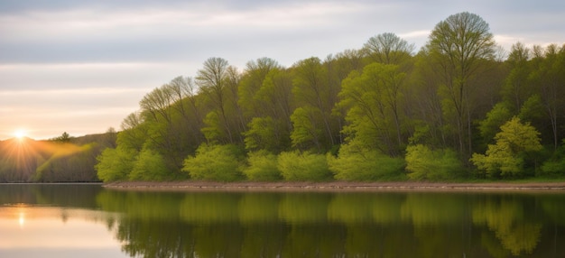 Réflexion du ciel du paysage printanier dans le panorama du lac AI générative