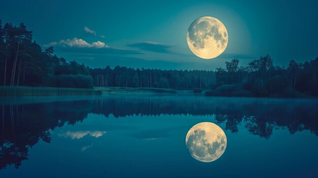 Réflexion du lac de la forêt magique du rayon de lune