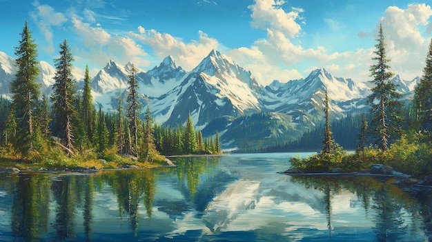La réflexion du lac de la montagne l'affiche de voyage du ciel ensoleillé