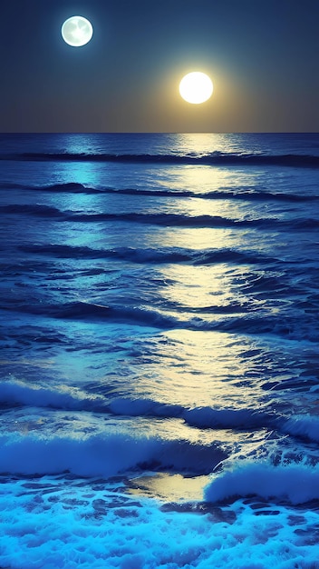 Réflexion du soleil et de la lune sur la plage de nuit avec fond de paysage marin de vagues