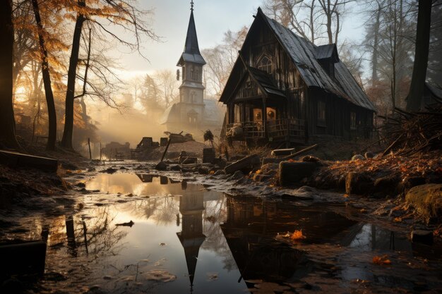 Photo la réflexion des églises dans les eaux calmes d'un étang voisin