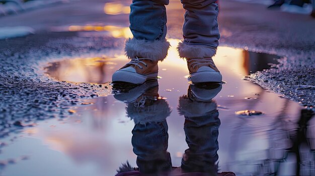 Photo réflexion d'un enfant dans une flaque de eau style documentaire représentation rêveuse douce atmosphère sereine professi