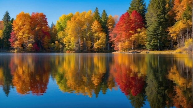 Réflexion de la forêt d'automne dans les eaux calmes du lac