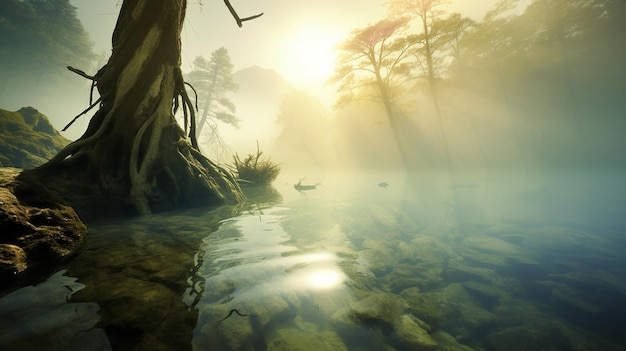 Réflexion de la forêt et du soleil dans l'eau