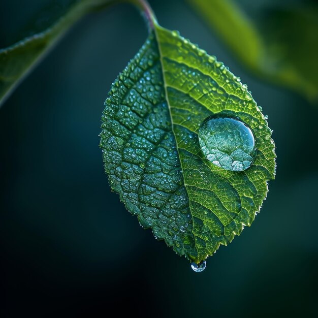 La réflexion d'une goutte de pluie sur une feuille