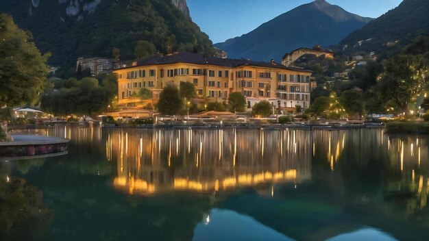 Réflexion des lumières et de la montagne dans un lac capturé dans le parc ciani lugano suisse