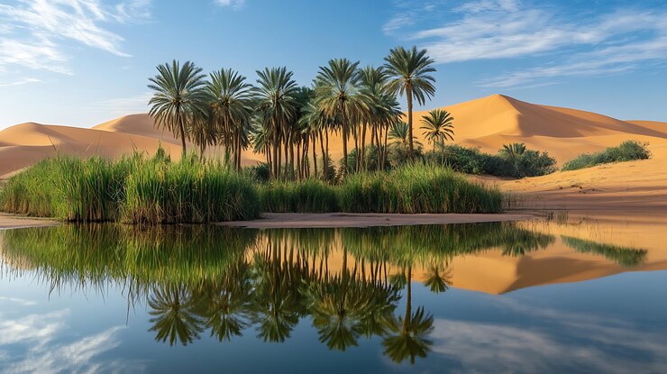 Photo la réflexion de l'oasis de palmiers dans le désert du sahara