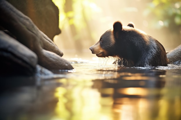 Photo réflexion de l'ours solaire dans le ruisseau forestier