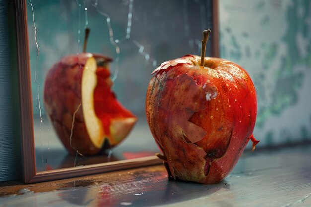 Photo la réflexion de soi de la pomme révèle le concept psychologique de la tromperie