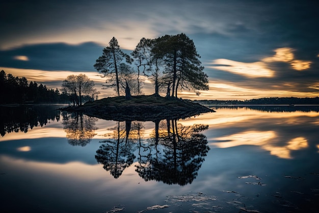 Réflexions d'arbres dans le lac ci-dessous sous le ciel couvert au coucher du soleil