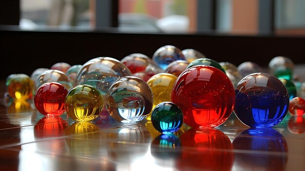 Réflexions de boules de verre transparentes colorées dans la réflexion de la décoration intérieure sur la sphère