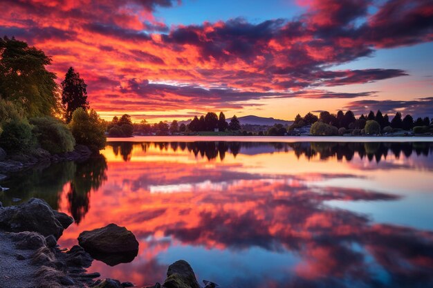 Réflexions du crépuscule du lac au coucher du soleil