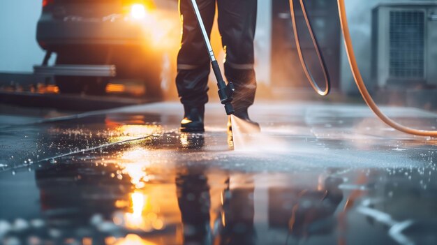 Photo réflexions du sol humide pendant les travaux de nettoyage