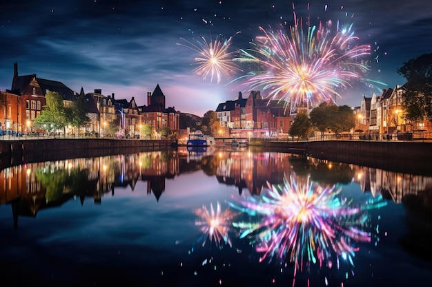 Réflexions de feux d'artifice vibrantes reflétées dans une rivière tranquille de la ville