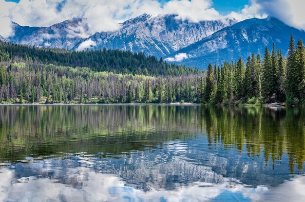 Réflexions sur le lac Pyramid dans le parc national Jasper avec des canots en arrière-plan