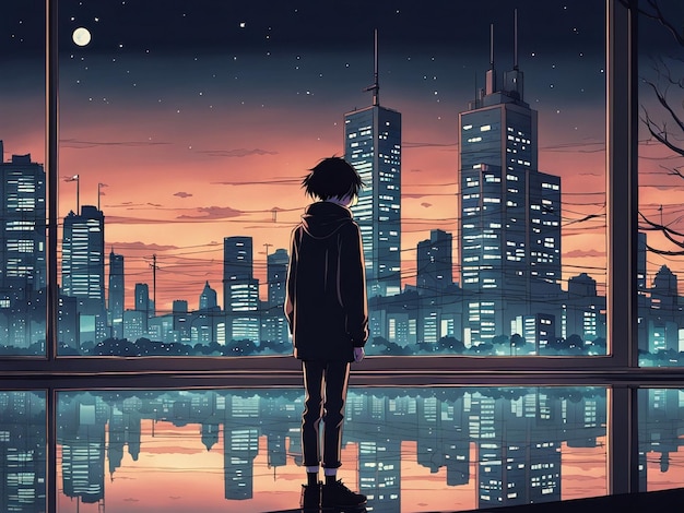 Réflexions nocturnes fond d'écran manga lofi d'une scène triste mais belle avec un paysage urbain