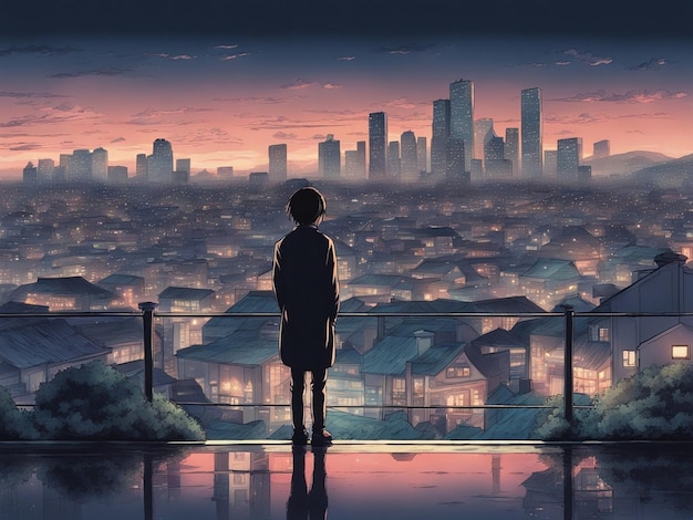 Réflexions nocturnes fond d'écran manga lofi d'une scène triste mais belle avec un paysage urbain