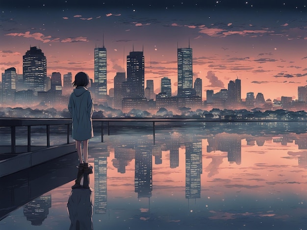 Réflexions nocturnes fond d'écran manga lofi d'une scène triste mais belle avec un paysage urbain