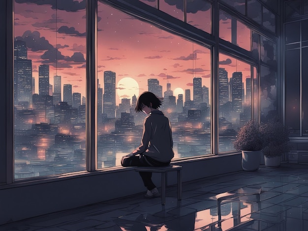 Réflexions nocturnes fond d'écran manga lofi d'une scène triste mais belle avec un paysage urbain