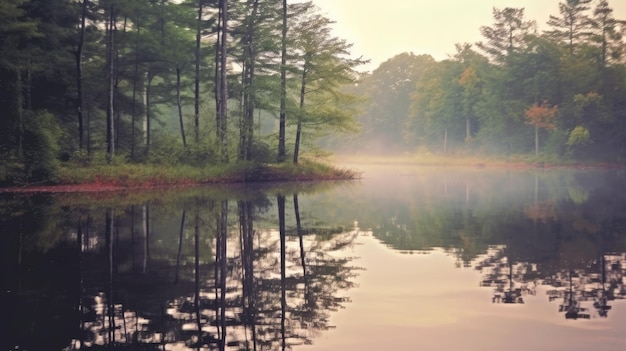 Réflexions sereines sur un lac ou un étang calme avec de l'eau miroir semblable générée par l'IA